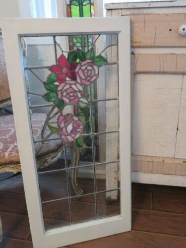 OMG Old Vintage Architectural LEADED STAINED GLASS WINDOW Pink ROSES in Design