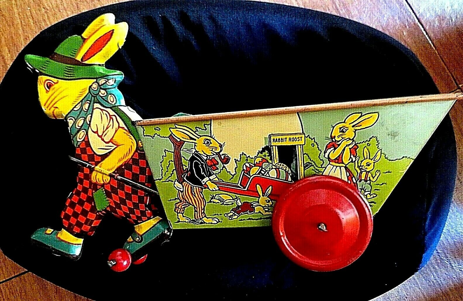 Vintage J Chen Tin Litho Easter Bunny Rabbit Pulling Candy Cart. NEW OLD STOCK.