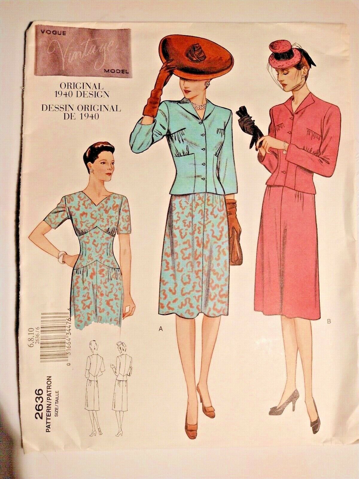 Vogue 2636 Sewing Pattern Women's Vintage Model 1940 Dress Jacket -choose size