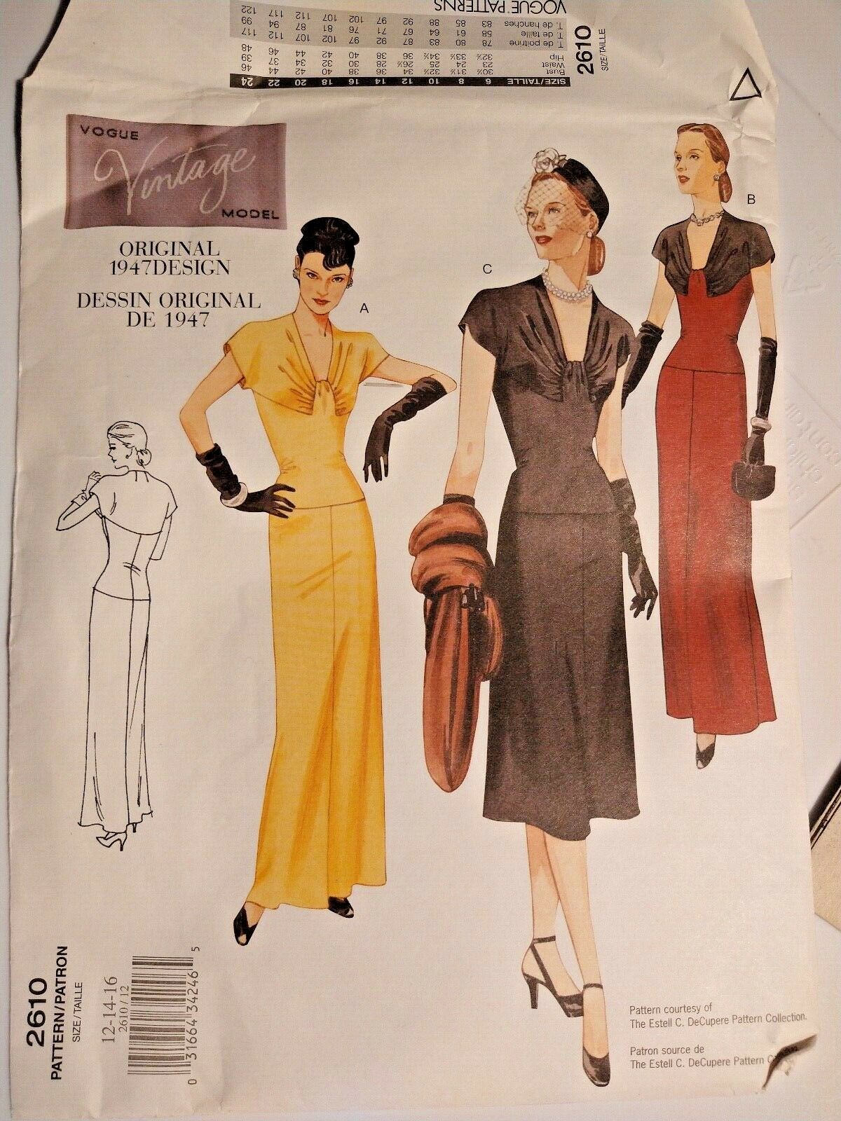 Vogue 2610 Sewing Pattern Women's Vintage Model 1947 Gown Costume -choose size