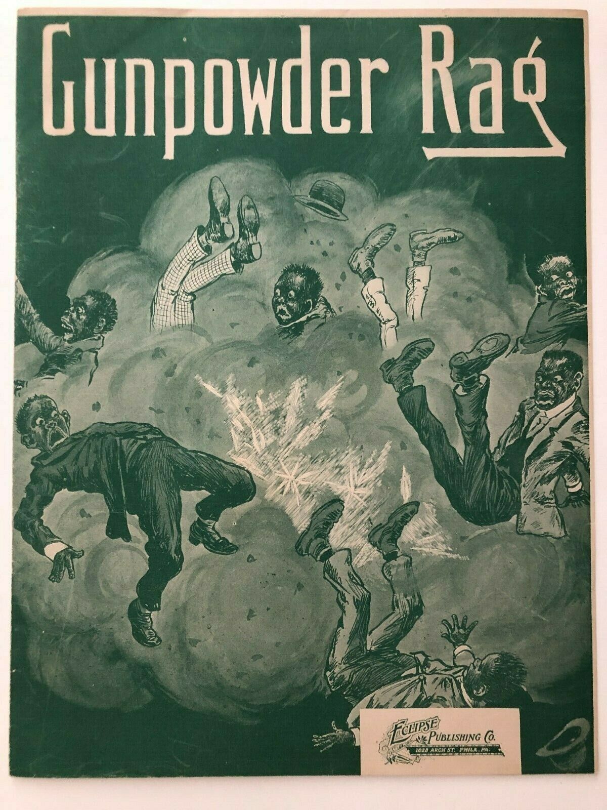 1910 Black Theme Sheet Music, Gunpowder Rag Black Caricatures on Cover